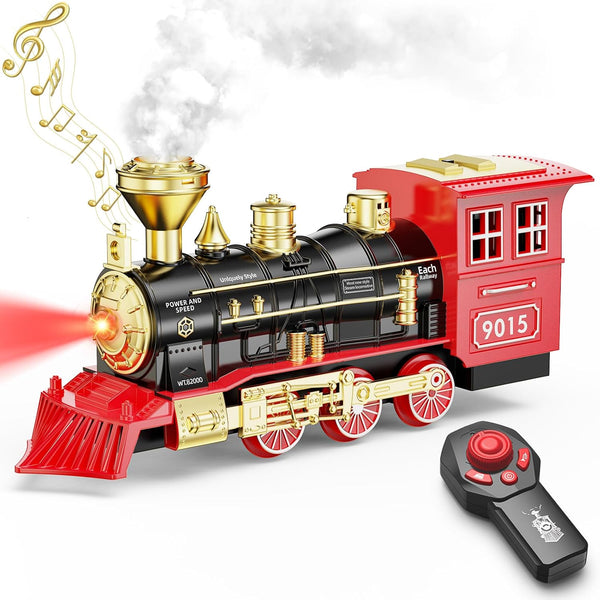 Hot Bee Remote Control Train Locomotive, Train Steam Engine Toy w/Smoke, Lights
