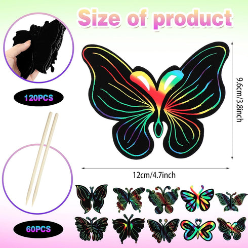 Sratte 120 Pcs Butterfly Scratch Cards, 12 Styles Rainbow Spring Crafts, Kids' Paper Craft Kits for DIY Decoration