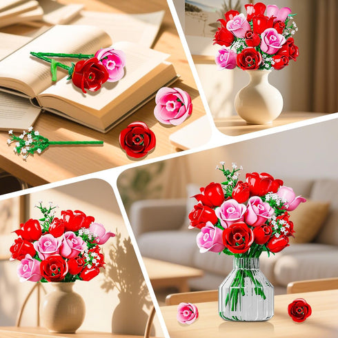 Set 16 387PCS HOGOKIDS Flowers Bouquet Building with Lights - Roses Bouquet Botanical Building Blocks Artificial Red