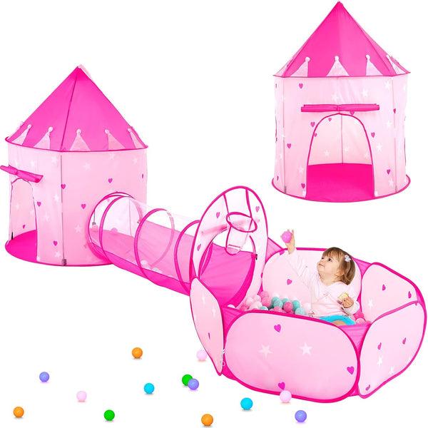 PigPigPen 3pc Kids Play Tent - Princess Tents with Ball Pit, Crawl Tunnel for Toddlers, Indoor & Outdoor Playhouse Toys