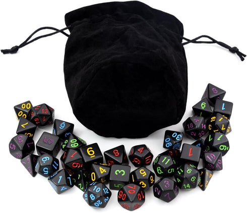 5 Sets New Black Polyhedral Dice with Satin-Lined Velvet Bag for Dungeons and Dragons DND RPG MTG