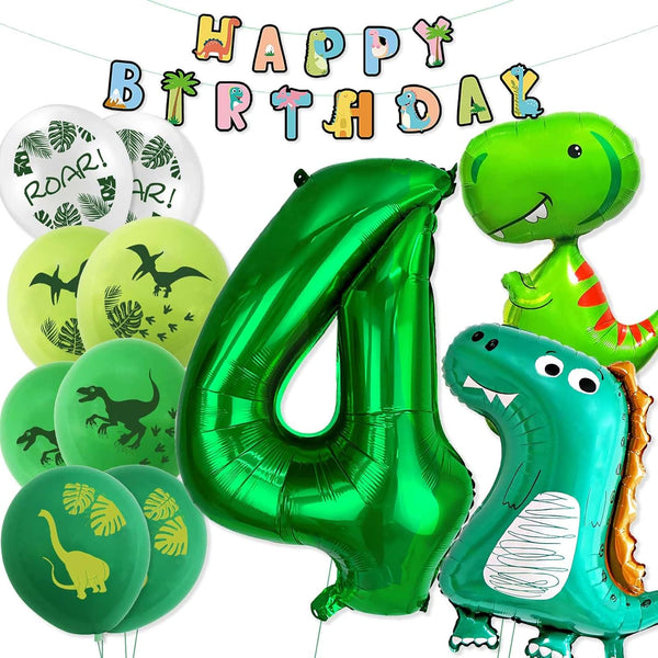 Dinosaur 4th Birthday Decorations, Large Foil Balloons, Happy Birthday Banner, Number 4 Balloon