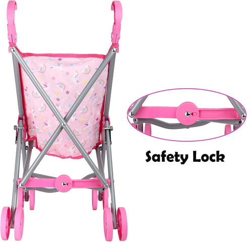 Dream Collection Doll Stroller - Metal Fold Up and Down Umbrella Stroller for Pretend Play, Pink