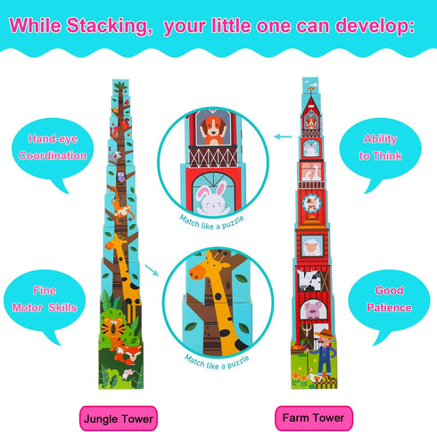 Animal Sorting and Stacking Blocks - Educational ABC & Numbers Toy for Babies and Toddlers, Montessori Learning Tower