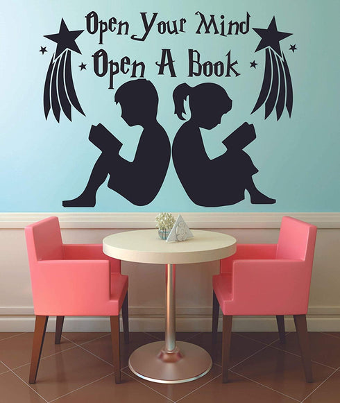 Open Your Mind Open A Book Reading Quotes Wall Sticker - Vinyl Wall Decal for Kids Bedroom Nursery