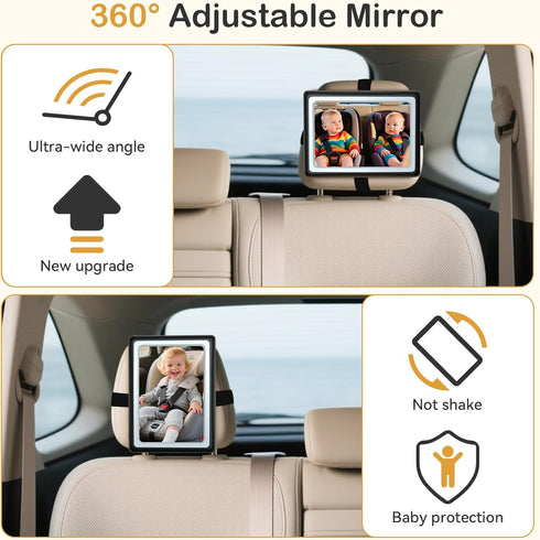 360 Baby Car Mirror with Light - Remote Control, Adjustable, Shatter Resistant Car Seat Mirror - Clear Night Vision