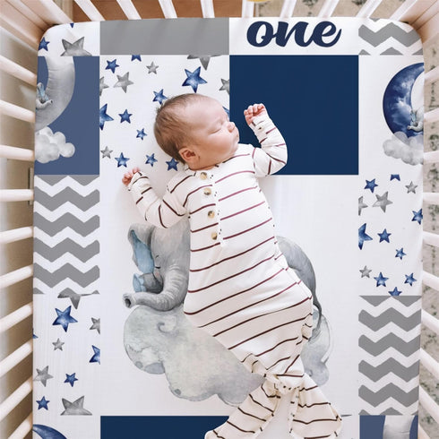 52 28 HawSkgFub Navy Blue Sleeping Elephant Fitted Standard Crib Sheet Baby Boy, Dream Big Little One You are So Loved