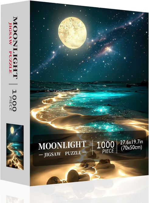 Jazcimdo 1000 1000 1000 Moonlight Jigsaw Puzzles for Adults Pieces, Sparkling Beach Nature Landscape Piece Puzzle