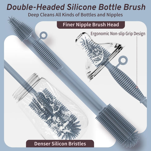 Double Sided Cleaning Brush, Soft Kitchen Scrub Brush, Reusable Silicone Bottle Cleaner, Long Handle