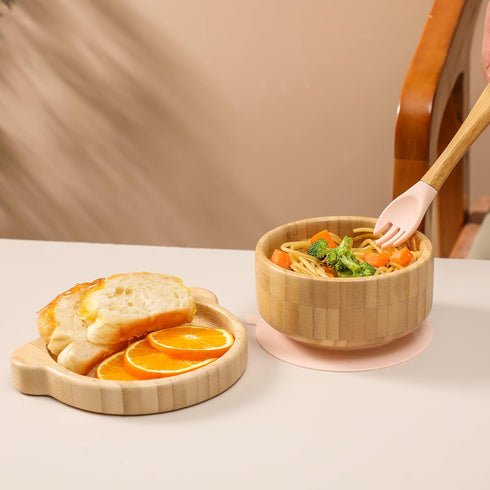 Baby Bowls with Lid - HBM Bamboo Suction Bowls for Baby and Spoon Set - 3PC Feeding Supplies Set for Infant, Toddlers - Detachable Silicone Suction Stay Put Base for Wooden Bowl - BPA Free (Pink) by HI BABY MONMENT