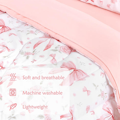 Set 4 Set, Toddler Bedding for Girls Pieces Pink Rose, Soft Breathable Toddler Comforter Bow Flower Print, Includes