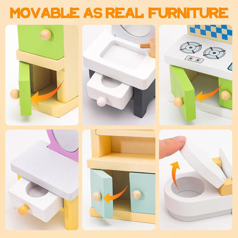 36PCS Set 4 5 3 4 5 6, HAPGFS Wooden Dollhouse Furniture with Flexible Family Dolls - Room Realistic Doll House