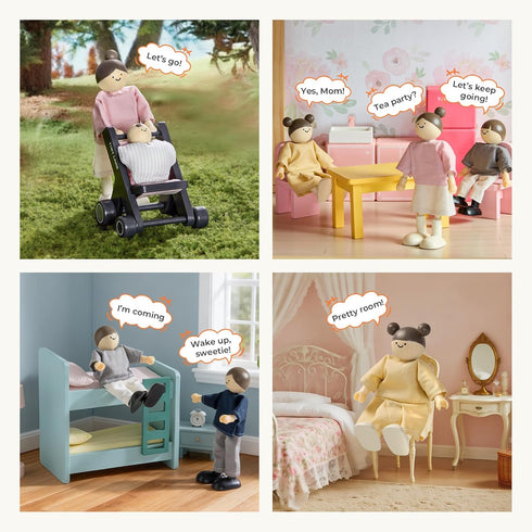 Set, 5-Piece 3+ Tiny Land Wooden Dollhouse People Poseable Wooden Doll Family with Dad, Mom, Brother, Sister, Baby