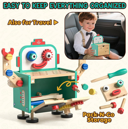 Set, Hammer 3-5, Lehoo Castle Kids Tool Wooden Mini Toddler Tool Bench with Blackboard, Robot Construction Toys