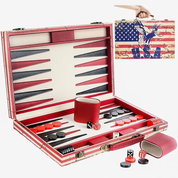Backgammon Set - American Flag Design Classic Board Game for Family Game Night or Friends Party
