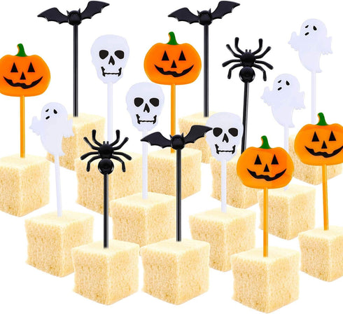 Tatuo 100 Pcs Plastic Halloween Picks - Cupcake Toppers, Pumpkin Fruit Picks, Halloween Toothpicks, Cocktail Skewers