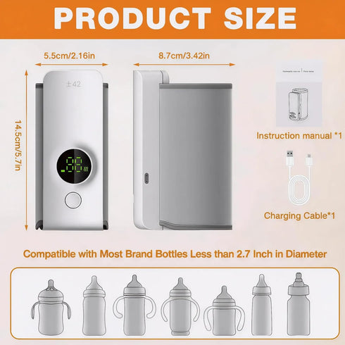 Portable Baby Bottle Warmer for Travel, Fast Heating & Precise Temp Control, Cordless Rechargeable Milk Warmer with LED