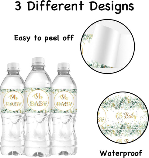 WIDEIDEAL 30 Oh Baby Water Bottle Labels, Baby Shower Stickers, Boy or Girl Party Decorations Eucalyptus Leaves Green