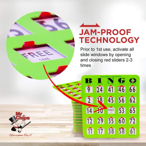 10 Pack MR CHIPS Jam-Proof Easy-Read Large Print Fingertip Bingo Cards with Sliding Windows in Green Style