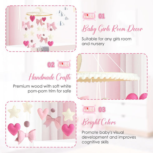 Baby Mobile for Crib Pink Bow Baby Crib Mobile for Girls Handmade Coquette Bow Nursery Decor for Infant Bedroom Hanging