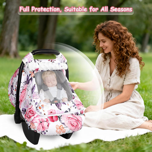 Winter Car Seat Cover Baby with Sunshade & Dual Zipper Windows - Minky Bubble Lined Windproof Soft Shell, Warm Newborn