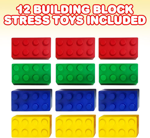ArtCreativity Building Block Stress Relief Toys for Kids, Set of 12, Stacking Foam Squeeze Toys in 4 Colors