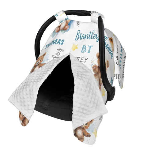 Novusopt Personalized Baby Car Seat Cover Winter Custom Minky Carseat Cover Boy Girls with Name Bear Carseat Canopy