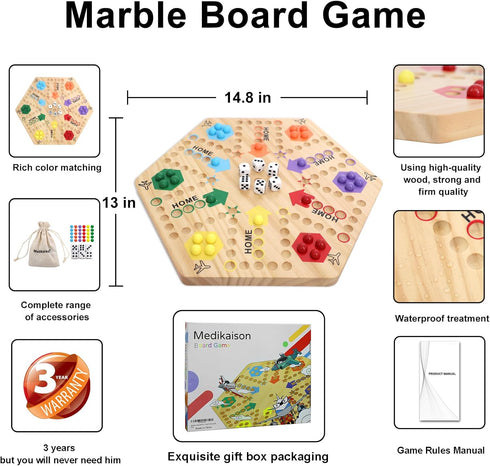 Original Marble Game Wahoo Board Game Double Sided Painted Wooden Fast Track for 6 and 4 Players