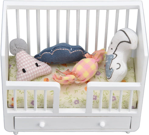 Miniature Dollhouse Baby Cradle, Dollhouse Crib Furniture Craft Decorations with 4 Cushions