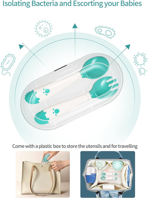Deejoy Toddler Utensils with Travel Case, Silicone Bendable Handle Baby Spoons and Forks Set for Self Feeding, Green
