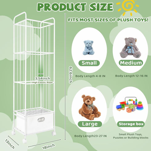 Stuffed Animal Storage, Metal Stuff Animals Zoo Holder with Fabric Drawer and Wheels Tall Vertical Plushies Toy