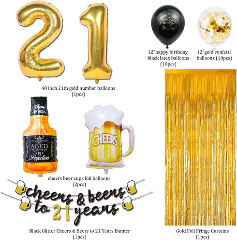 21st Birthday Decorations for Him, 40 Inch Gold 21 Number Balloons, Cheers to 21 Years Banner, Fringe Curtains and Cups