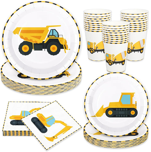 Whaline 96Pcs Construction Party Tableware Dump Truck Paper Plate Napkin Cup Yellow