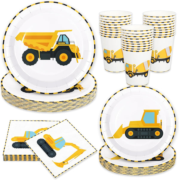 Whaline 96Pcs Construction Party Tableware Dump Truck Paper Plate Napkin Cup Yellow
