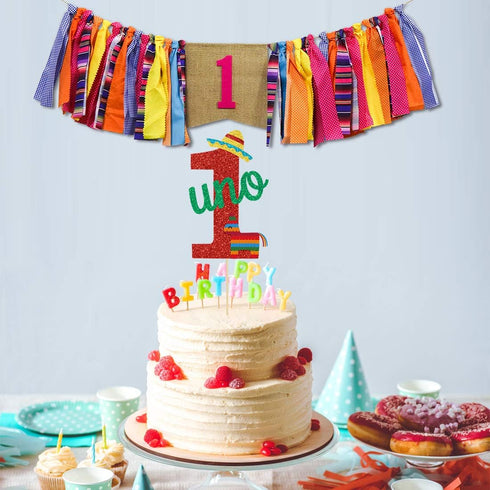Mexican Fiesta 1st Birthday Party Decor, Highchair Banner, Glitter Cake Topper & Hair Bow for First Birthday