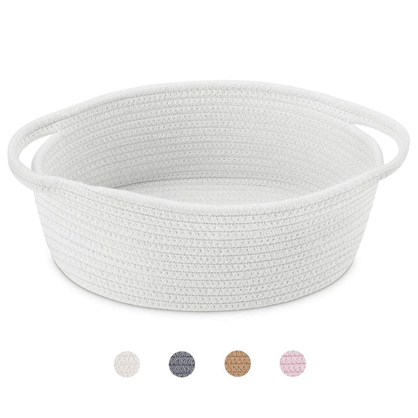 ABenkle Cute Small Woven Basket with Handles, 12"x8"x5" Rope Storage Basket for Cat and Dog Toys, White