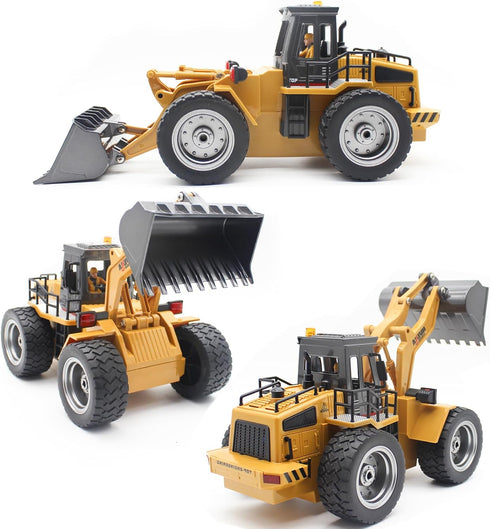 Fistone 9 Channel RC Front Loader, 4WD Alloy Shovel Loader Tractor, 2.4Ghz RC Bulldozer Toy with Lights for Kids 8-12
