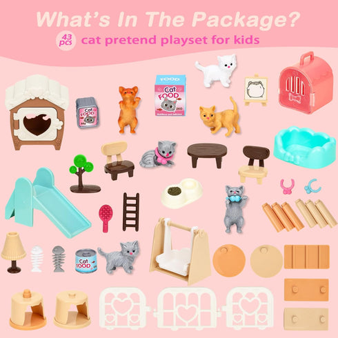 43Pcs Cat Figures Playset, Interactive Pretend Play Kit, Realistic Cats Care Center for Girls Boys Age 3 4 5 6+,