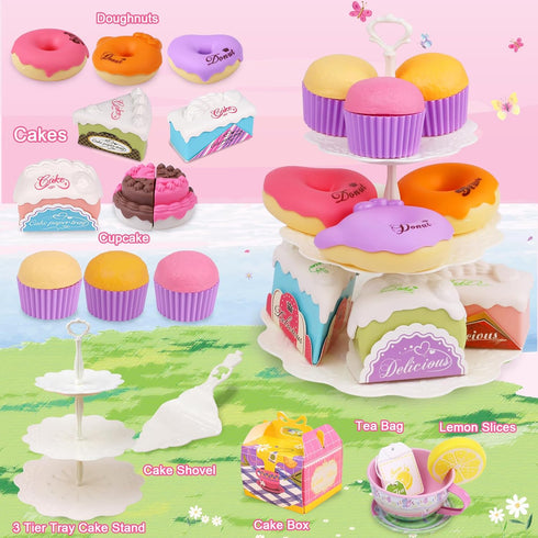 Set 50PCS 3-6 Tea for Little Girls,PRE-WORLD Princess Tea Party Time Toy Including Dessert,Cookies,Doughnut,Teapot Tray