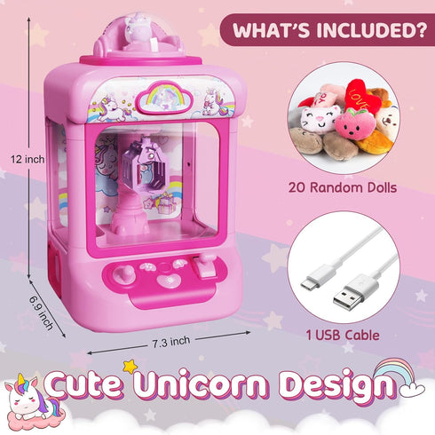 Claw Machine for Kids - Mini Vending Machine with Unicorn Toys, Candy Grabber Prize Dispenser, 20 Mini Plush Toys
