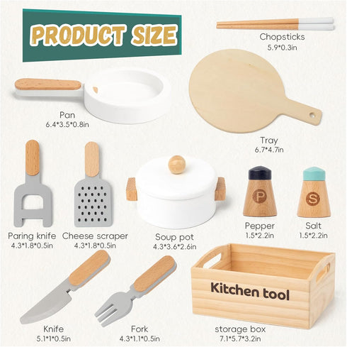 10 Sets, 3+, PCS Wooden Play Kitchen Toys Utensils Accessories, Pretend Play Pots and Pans Montessori Cooking Learning