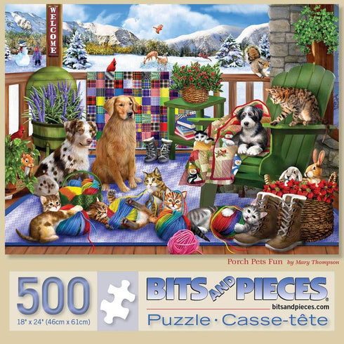 Bits and Pieces - 500 Piece Jigsaw Puzzle for Adults 18" x 24" - Porch Pets Fun - 500 pc Winter Dog Cat Yarn Jigsaw by Artist Mary Thompson