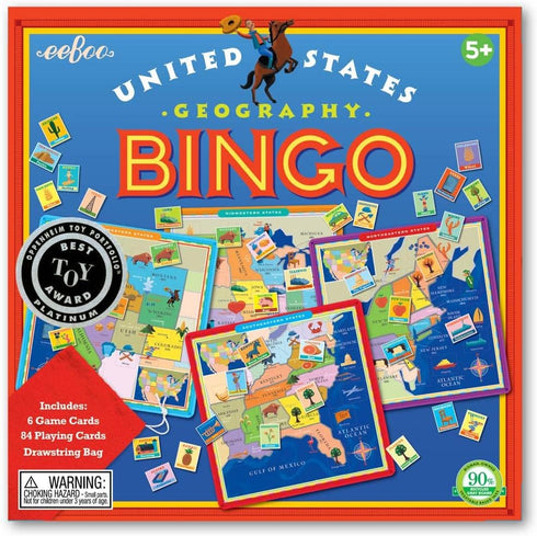 eeBoo United States Geography Bingo Game - 2 to 6 Players, 6 Game Cards, 84 Playing Cards, Drawstring Bag