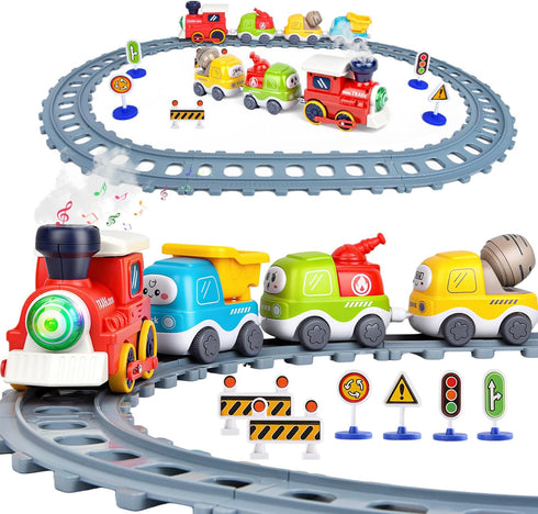 Sotodik Electric Train Set for Toddlers,Train Toys with Lights,Realistic Music Sound, Steam Spray,Traffic