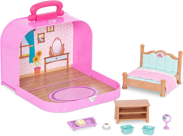 Li’l Woodzeez Travel Suitcase Bedroom Playset - Portable Dollhouse Furniture & Accessories for Kids