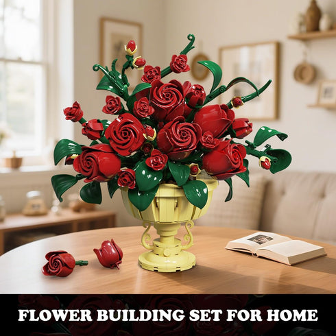 Set, 12+ PLAXSOON Rose Flower Building Mothers Day Botanicals Flowers Bouquet Building Block Kit with Pot, Artificial