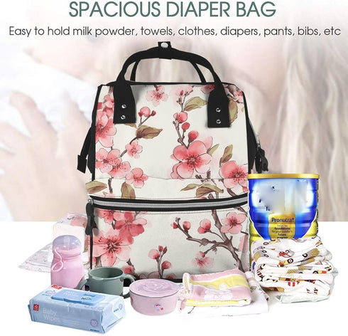 QSMJKLD Backpack Mommy Daypack Cherry Blossom Diaper Bag with Changing Pad, Pacifier Holder - Multifunction Travel