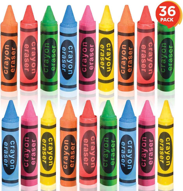 ArtCreativity 2.5 Inch Crayon Erasers for Kids - Bulk Set of 36 Durable Pencil Rubbers in Assorted Colors