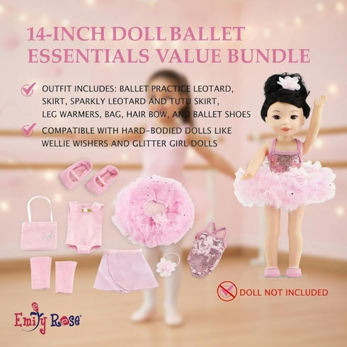 14 Inch 9-PC 14" Emily Rose Fashion Doll Clothes Ballet Essentials Bundle with Ballerina Practice Outfit & Sparkly