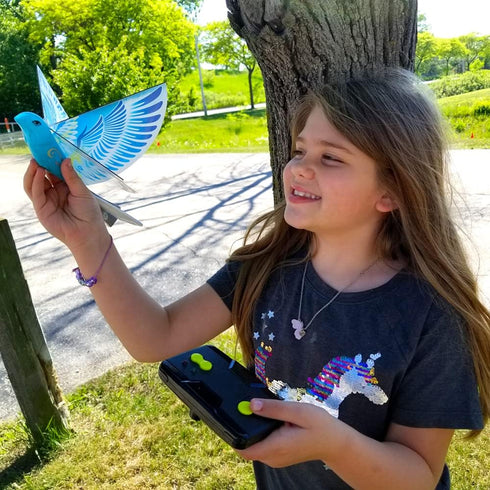 MUKIKIM eBird Blue Pigeon - Flying RC Bird Toy for Kids. Indoor/Outdoor Remote Control Bionic Flapping Wings Bird